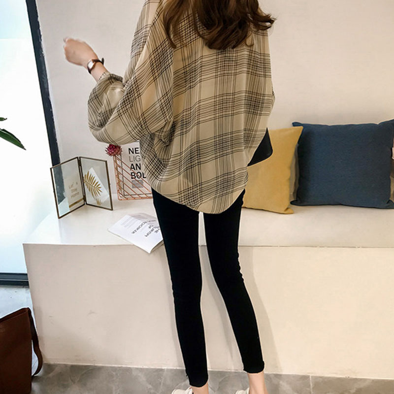 Autumn New Large Size Plaid Blouse Female Vintage Streetwear Loose Thin Out Wear Chiffon Shirts Chic Lantern Sleeve Casual Shirt