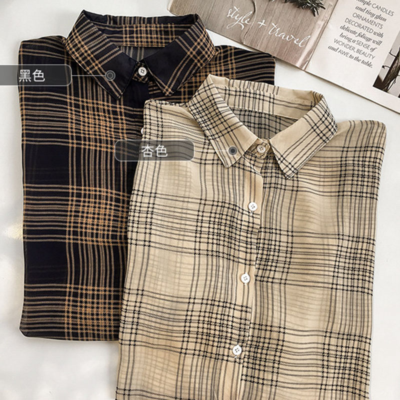Autumn New Large Size Plaid Blouse Female Vintage Streetwear Loose Thin Out Wear Chiffon Shirts Chic Lantern Sleeve Casual Shirt