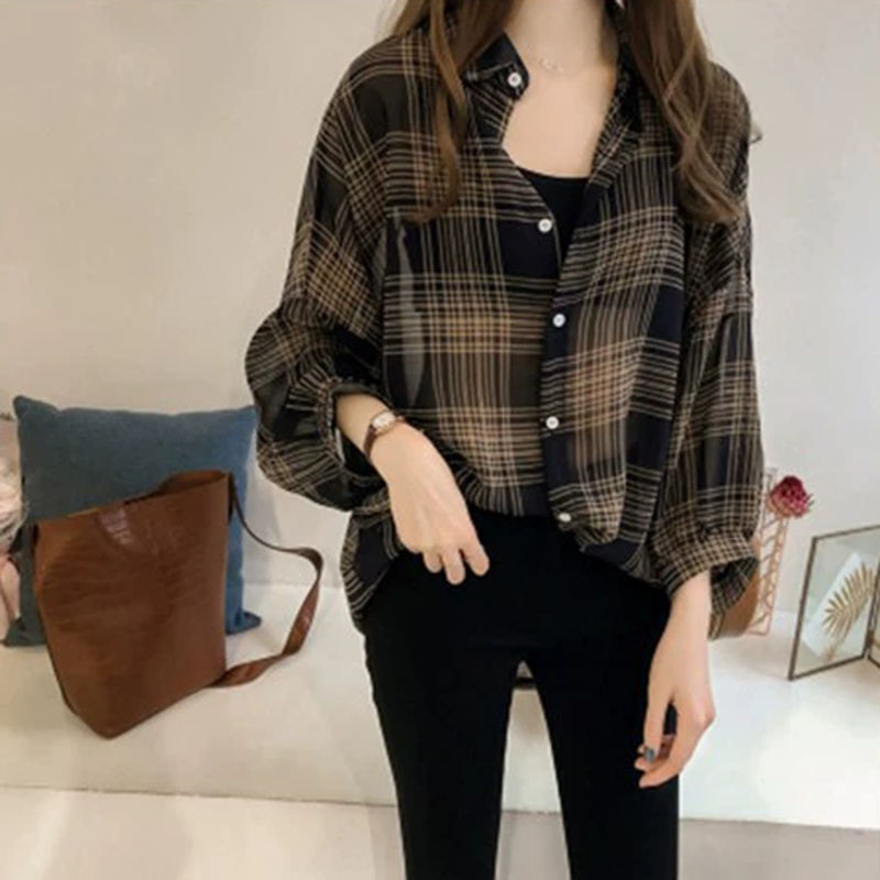 Autumn New Large Size Plaid Blouse Female Vintage Streetwear Loose Thin Out Wear Chiffon Shirts Chic Lantern Sleeve Casual Shirt