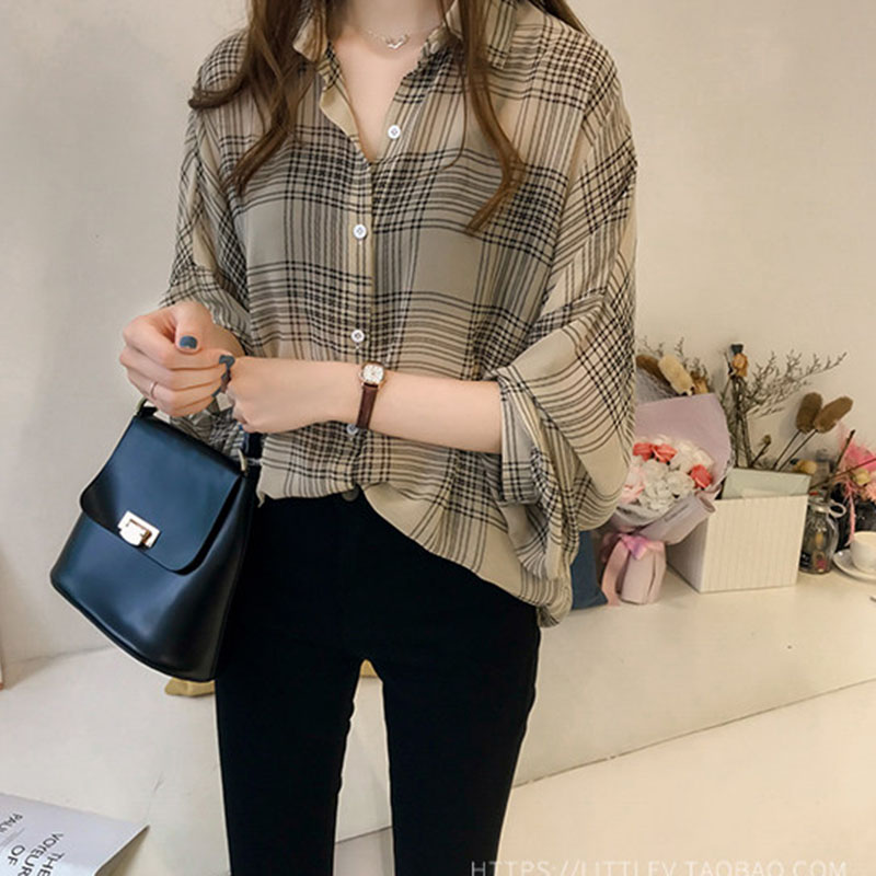 Autumn New Large Size Plaid Blouse Female Vintage Streetwear Loose Thin Out Wear Chiffon Shirts Chic Lantern Sleeve Casual Shirt
