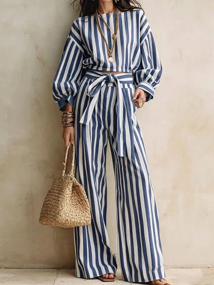 Casual Long Sleeved Loose 2Pc Suit Elegant O-neck Button Shirts & Lace-Up Pant Outfits Fashion Striped Print Wide Leg Pant Sets