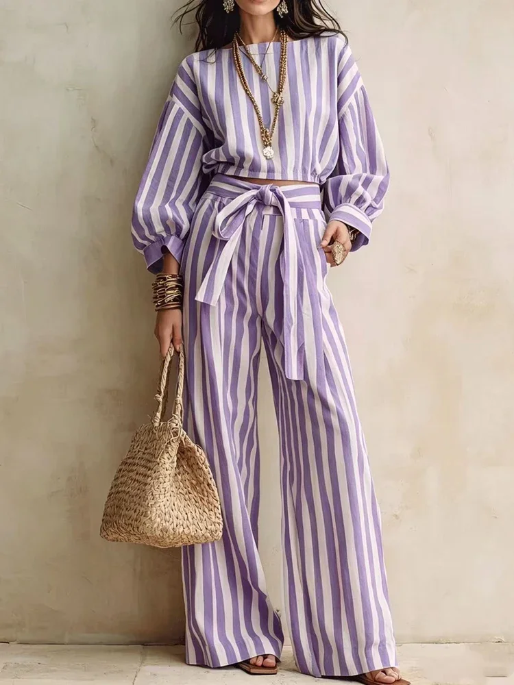 Casual Long Sleeved Loose 2Pc Suit Elegant O-neck Button Shirts & Lace-Up Pant Outfits Fashion Striped Print Wide Leg Pant Sets