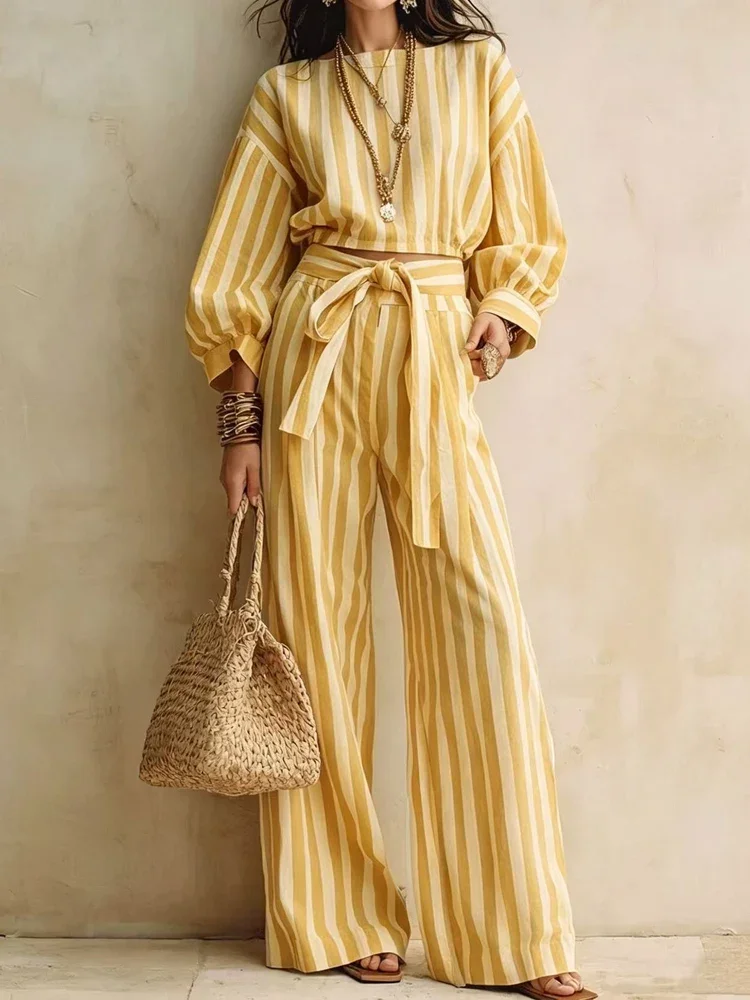 Casual Long Sleeved Loose 2Pc Suit Elegant O-neck Button Shirts & Lace-Up Pant Outfits Fashion Striped Print Wide Leg Pant Sets