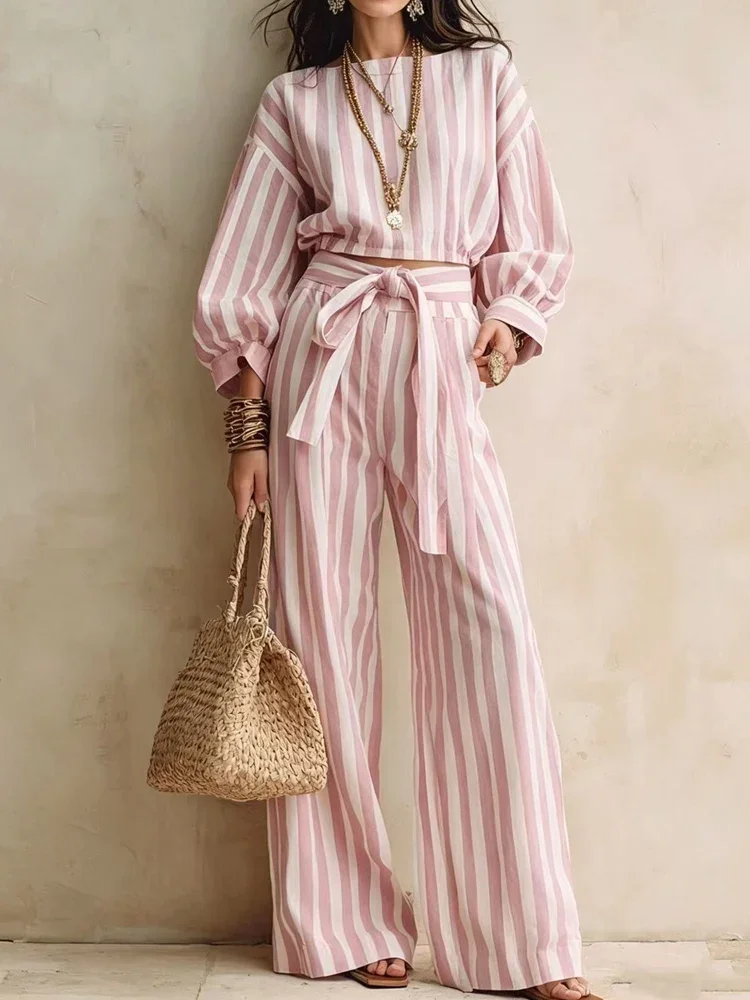 Casual Long Sleeved Loose 2Pc Suit Elegant O-neck Button Shirts & Lace-Up Pant Outfits Fashion Striped Print Wide Leg Pant Sets