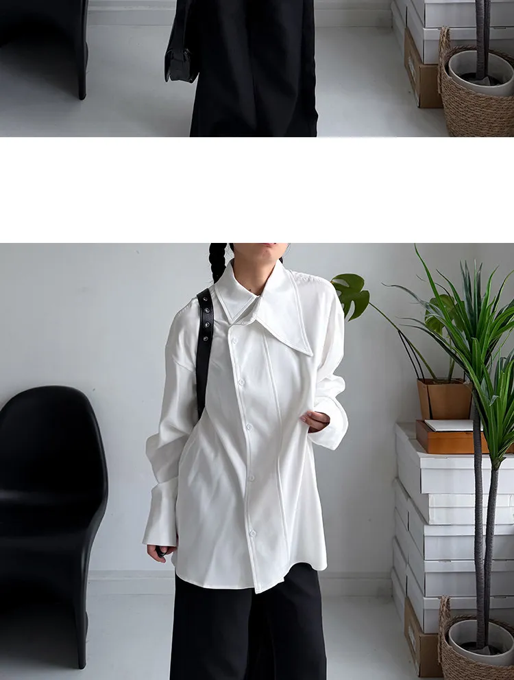 SuperAen Asymmetric Skew Collar Design White Shirt 2026 Spring New Office Lady Oversize Elegant Loose Casual Shirts