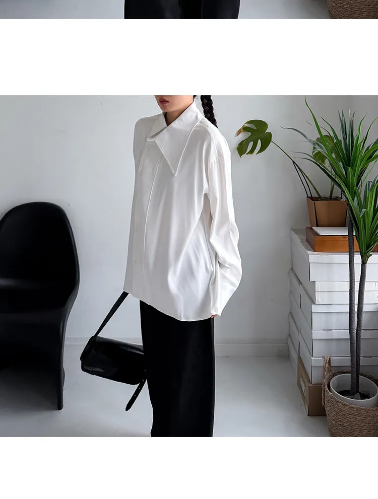 SuperAen Asymmetric Skew Collar Design White Shirt 2026 Spring New Office Lady Oversize Elegant Loose Casual Shirts