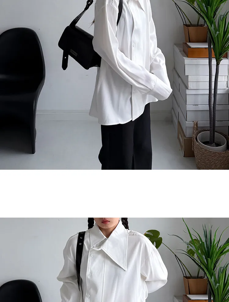 SuperAen Asymmetric Skew Collar Design White Shirt 2026 Spring New Office Lady Oversize Elegant Loose Casual Shirts