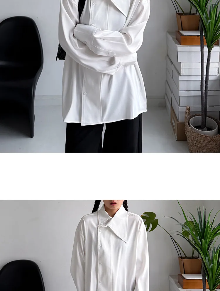 SuperAen Asymmetric Skew Collar Design White Shirt 2026 Spring New Office Lady Oversize Elegant Loose Casual Shirts