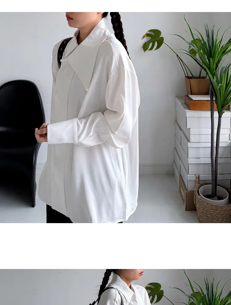SuperAen Asymmetric Skew Collar Design White Shirt 2026 Spring New Office Lady Oversize Elegant Loose Casual Shirts