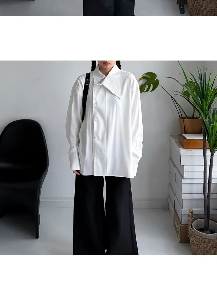 SuperAen Asymmetric Skew Collar Design White Shirt 2026 Spring New Office Lady Oversize Elegant Loose Casual Shirts