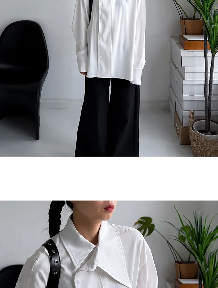 SuperAen Asymmetric Skew Collar Design White Shirt 2026 Spring New Office Lady Oversize Elegant Loose Casual Shirts