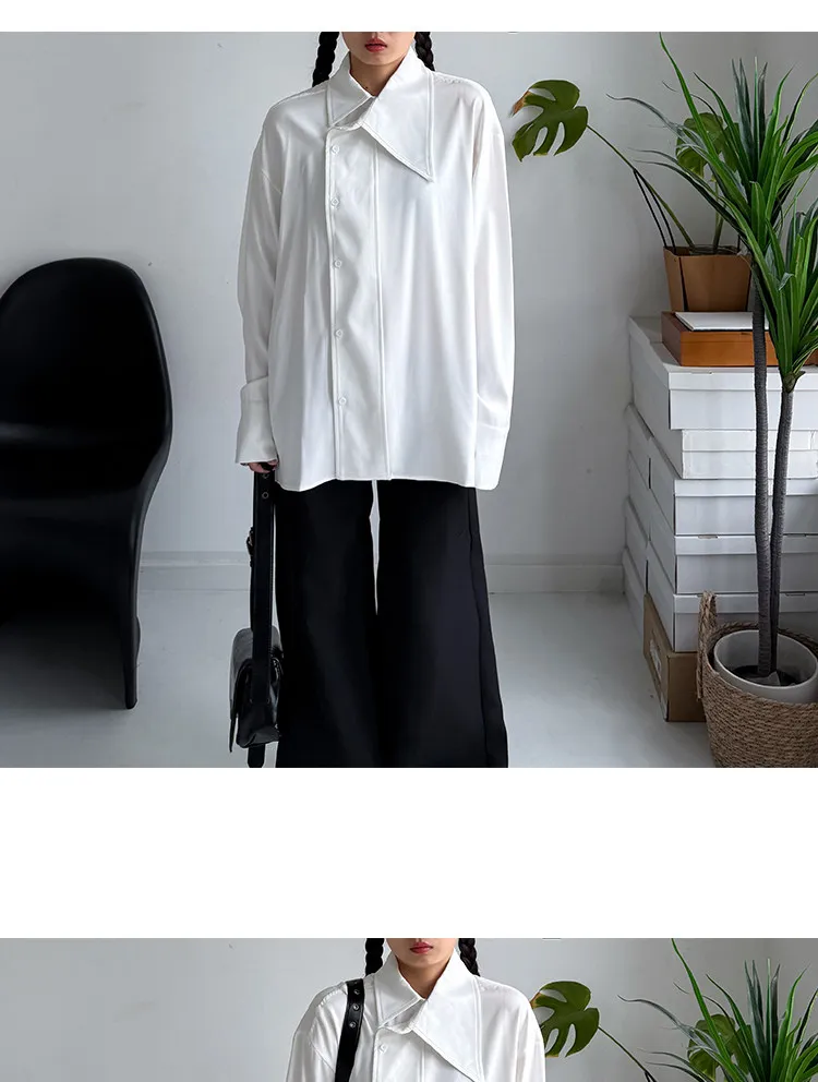 SuperAen Asymmetric Skew Collar Design White Shirt 2026 Spring New Office Lady Oversize Elegant Loose Casual Shirts