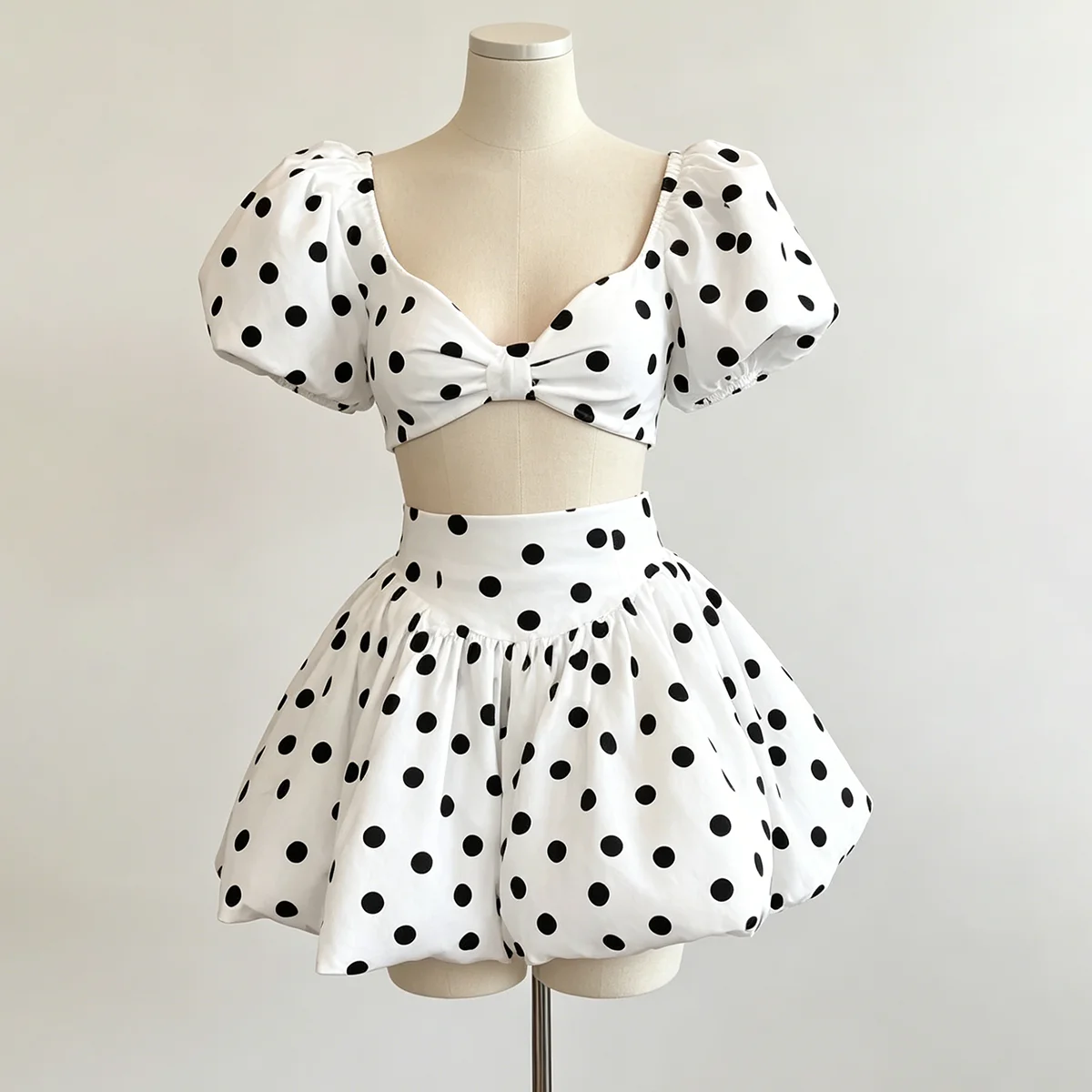 LIMO Women Polka Dot 2 Piece Outfit Puff Sleeve Bow Crop Top Flare Mini Skirt Summer Party Matching Set