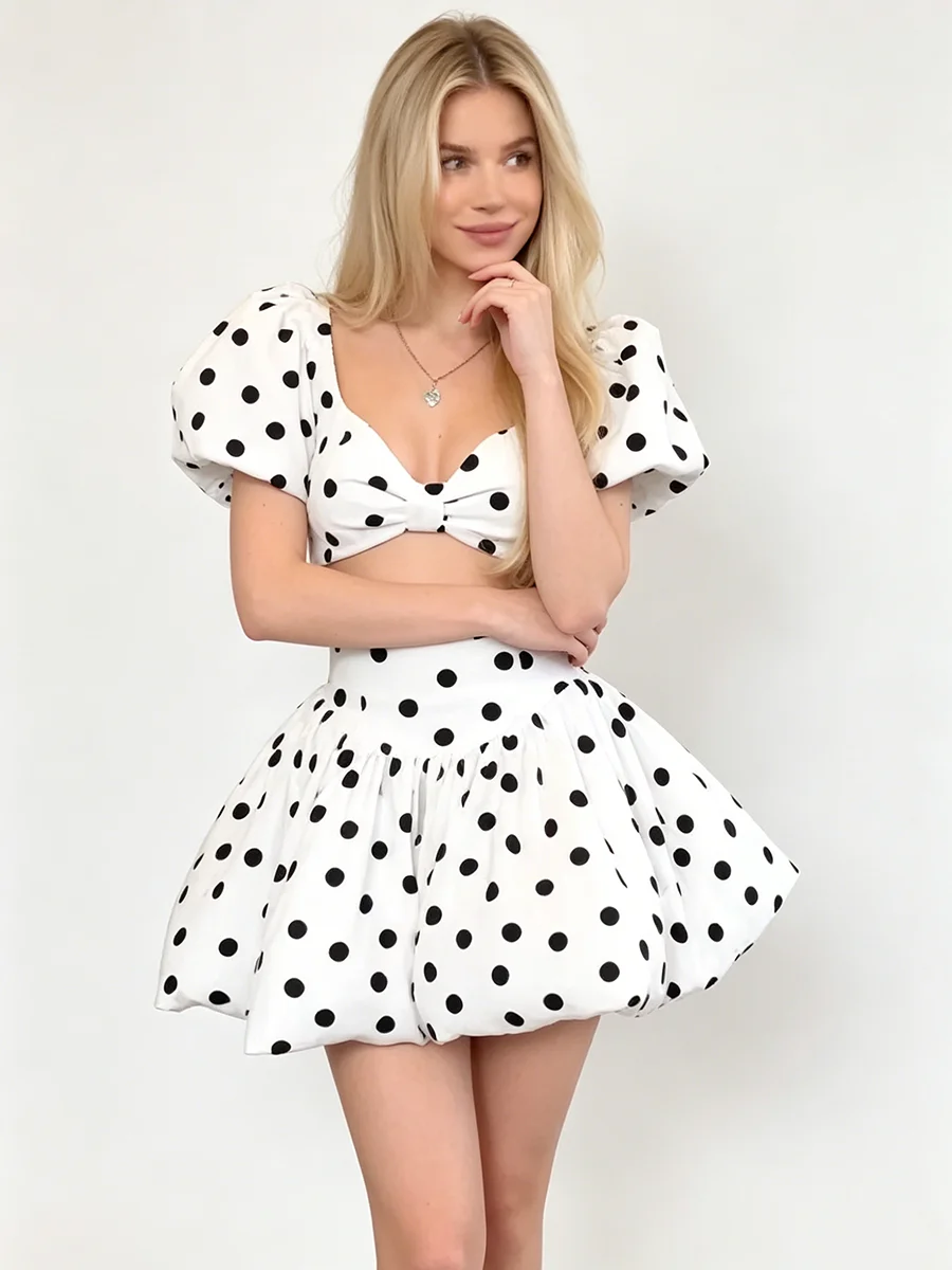 LIMO Women Polka Dot 2 Piece Outfit Puff Sleeve Bow Crop Top Flare Mini Skirt Summer Party Matching Set