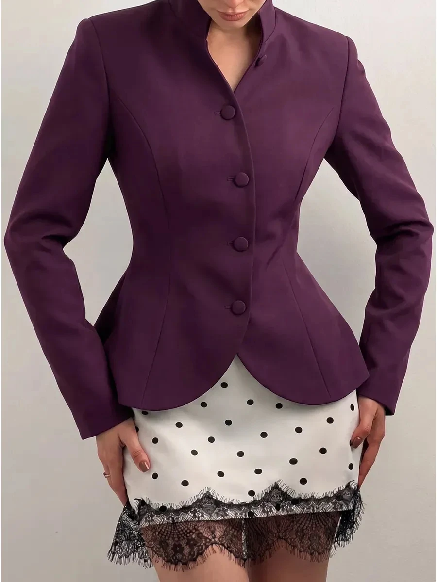 DFDG Women 2026 Spring Summer Chinese Style Blazer Mandarin Stand Collar Diagonal Button Fitted Waist Peplum Hem Office Jacket