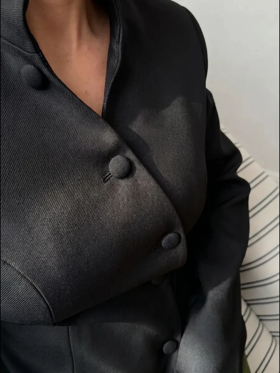 DFDG Women 2026 Spring Summer Chinese Style Blazer Mandarin Stand Collar Diagonal Button Fitted Waist Peplum Hem Office Jacket