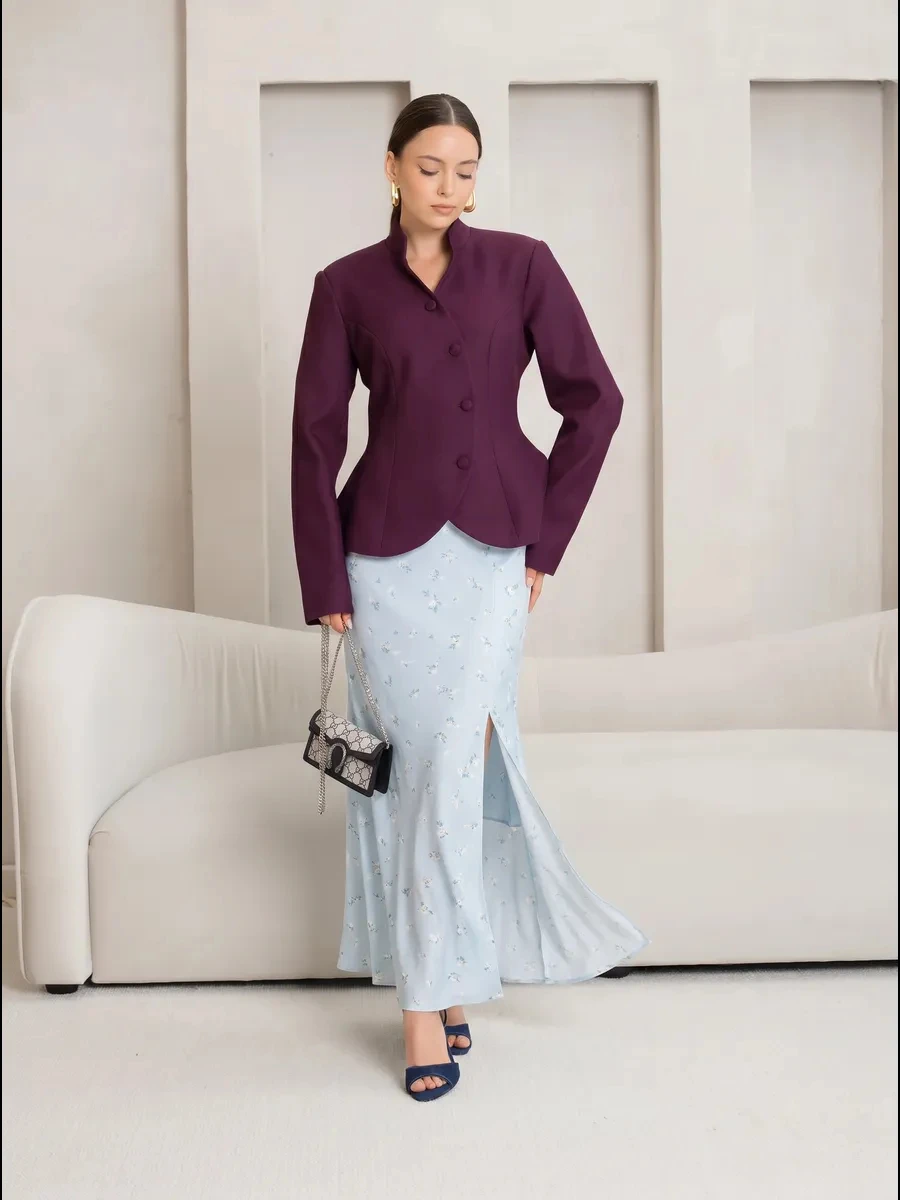 DFDG Women 2026 Spring Summer Chinese Style Blazer Mandarin Stand Collar Diagonal Button Fitted Waist Peplum Hem Office Jacket