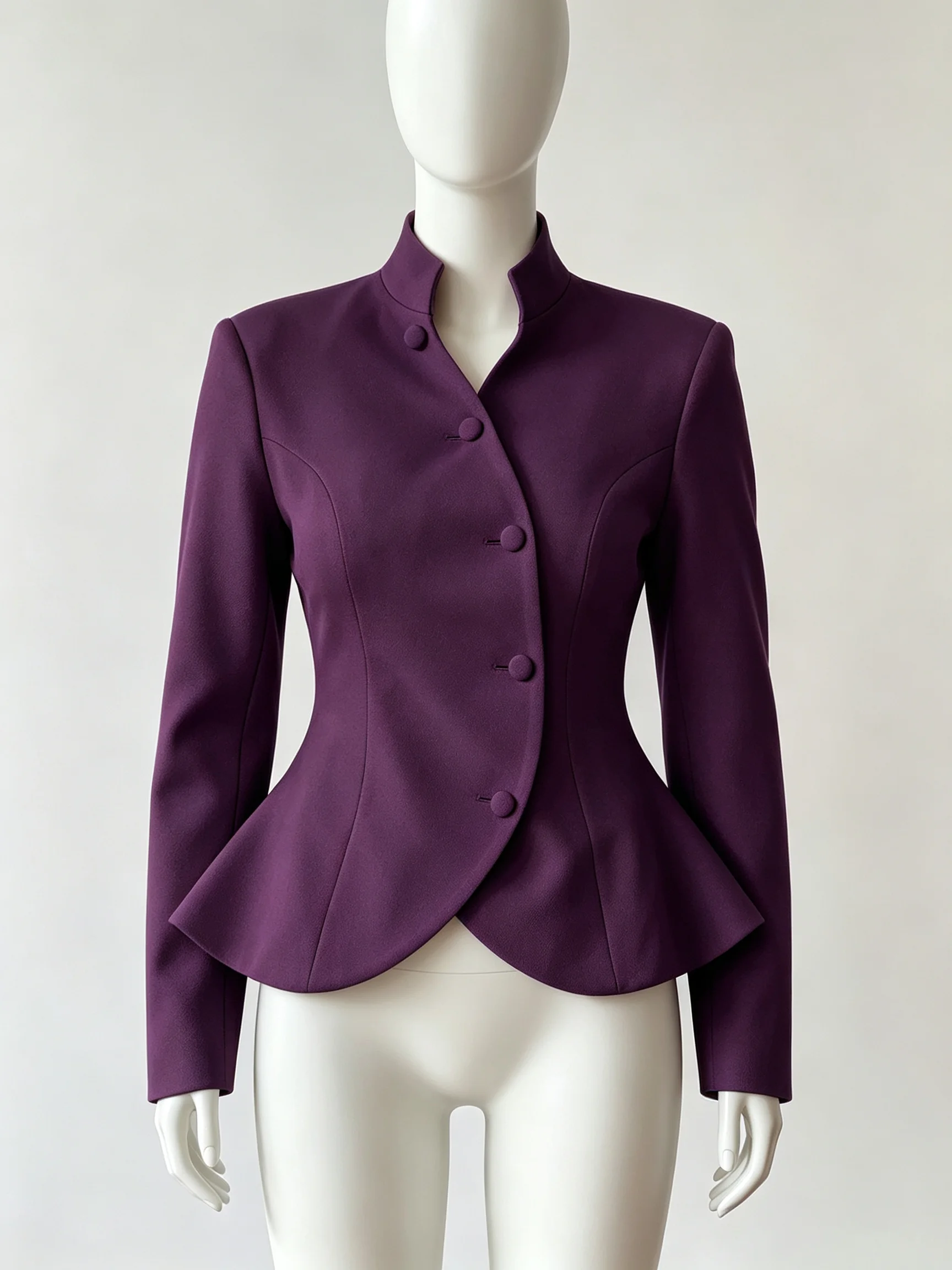 DFDG Women 2026 Spring Summer Chinese Style Blazer Mandarin Stand Collar Diagonal Button Fitted Waist Peplum Hem Office Jacket