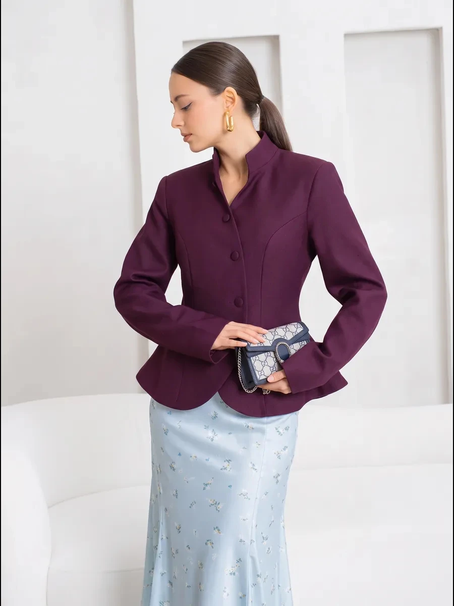 DFDG Women 2026 Spring Summer Chinese Style Blazer Mandarin Stand Collar Diagonal Button Fitted Waist Peplum Hem Office Jacket