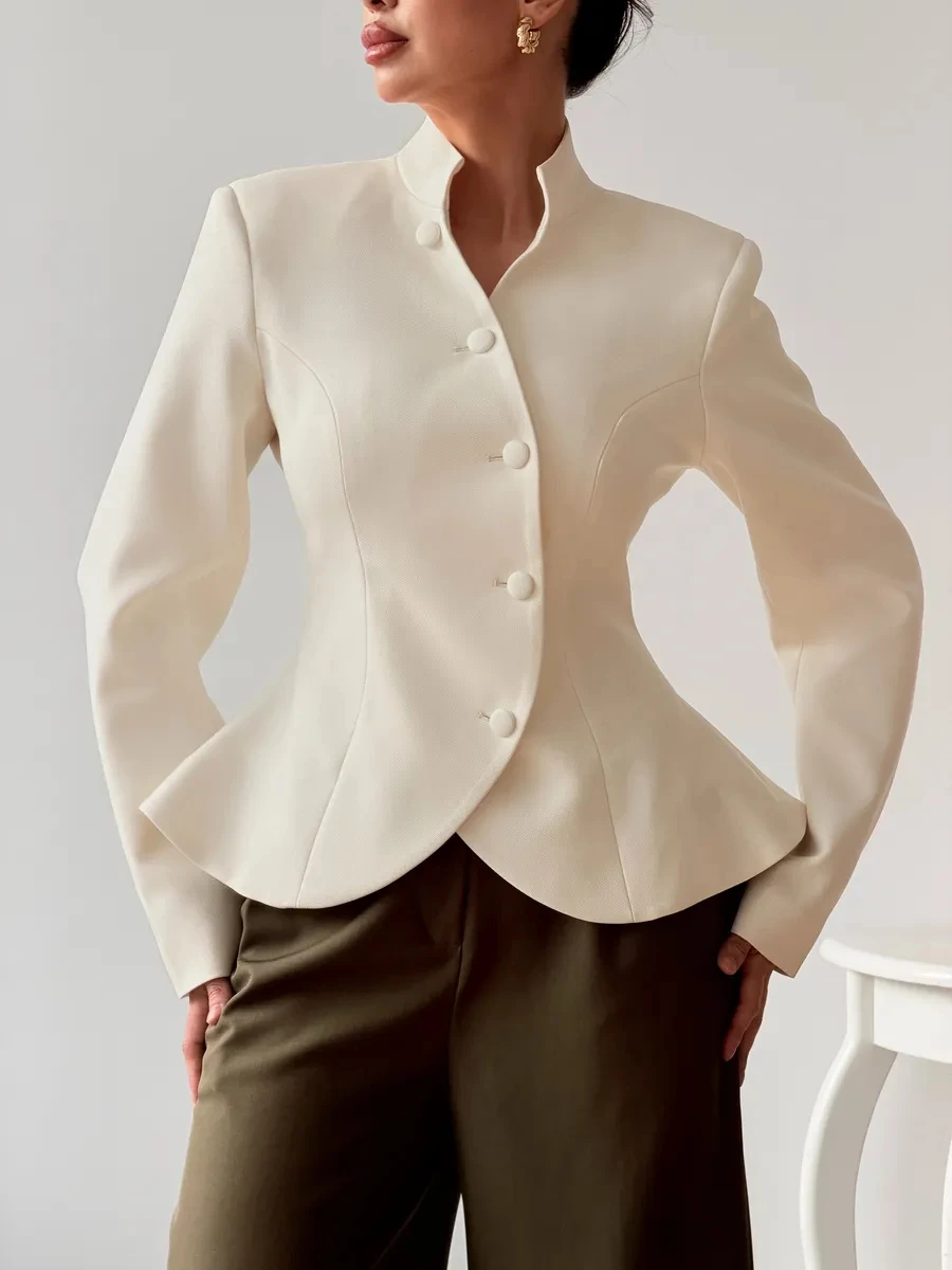 DFDG Women 2026 Spring Summer Chinese Style Blazer Mandarin Stand Collar Diagonal Button Fitted Waist Peplum Hem Office Jacket