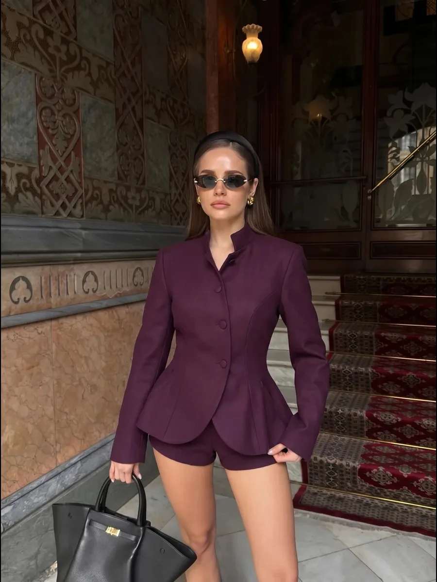 DFDG Women 2026 Spring Summer Chinese Style Blazer Mandarin Stand Collar Diagonal Button Fitted Waist Peplum Hem Office Jacket