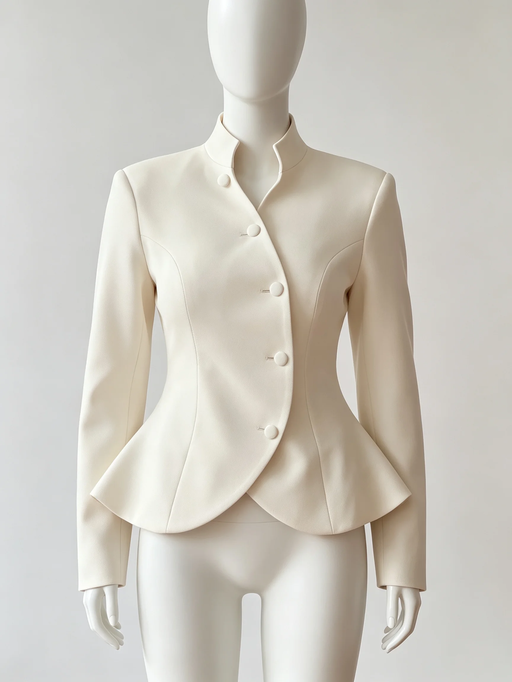 DFDG Women 2026 Spring Summer Chinese Style Blazer Mandarin Stand Collar Diagonal Button Fitted Waist Peplum Hem Office Jacket