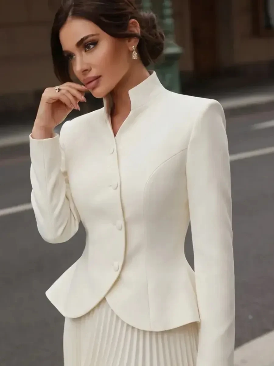 DFDG Women 2026 Spring Summer Chinese Style Blazer Mandarin Stand Collar Diagonal Button Fitted Waist Peplum Hem Office Jacket