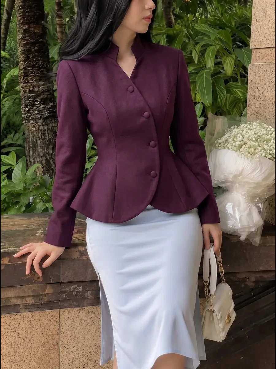 DFDG Women 2026 Spring Summer Chinese Style Blazer Mandarin Stand Collar Diagonal Button Fitted Waist Peplum Hem Office Jacket