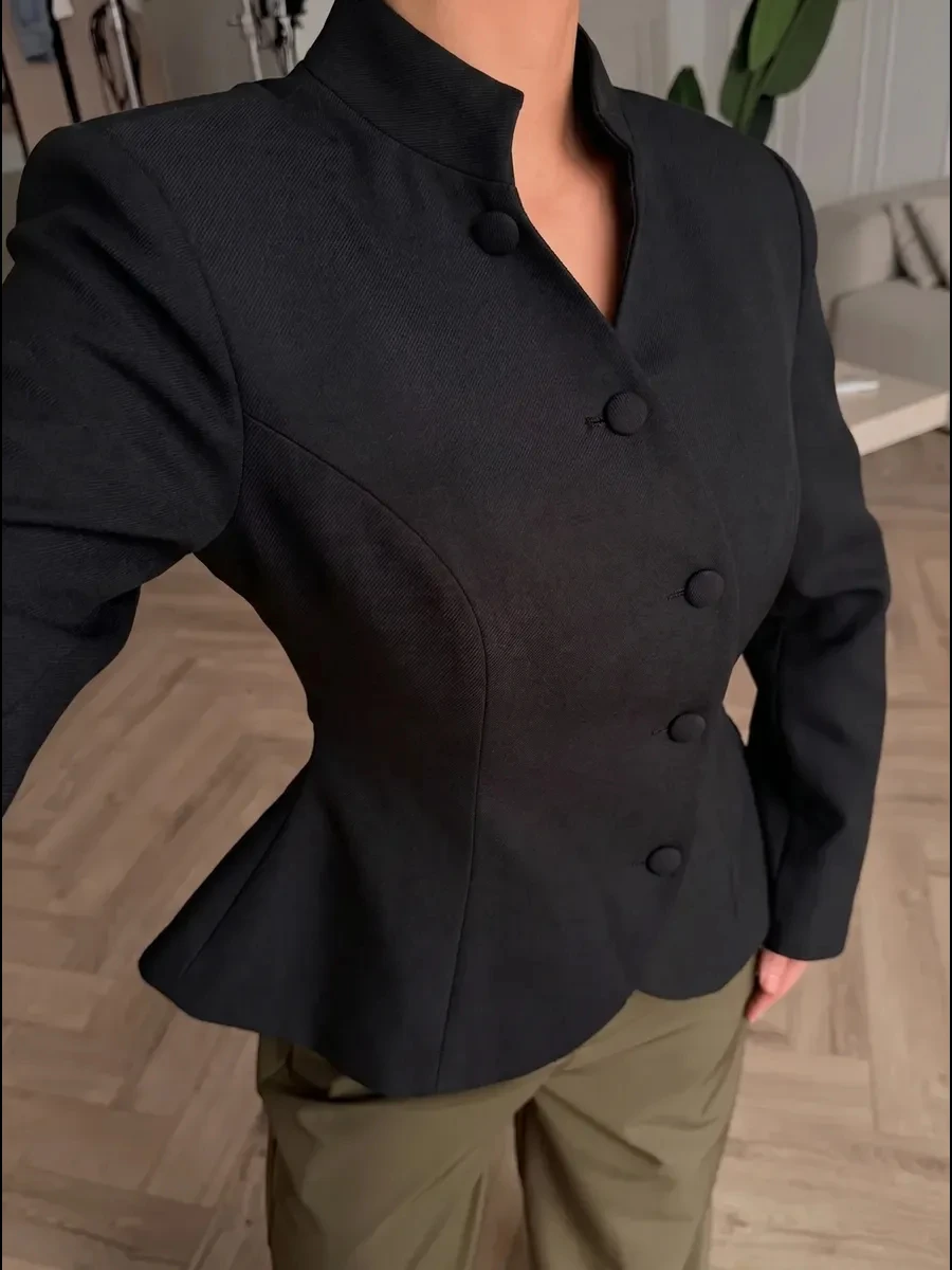 DFDG Women 2026 Spring Summer Chinese Style Blazer Mandarin Stand Collar Diagonal Button Fitted Waist Peplum Hem Office Jacket