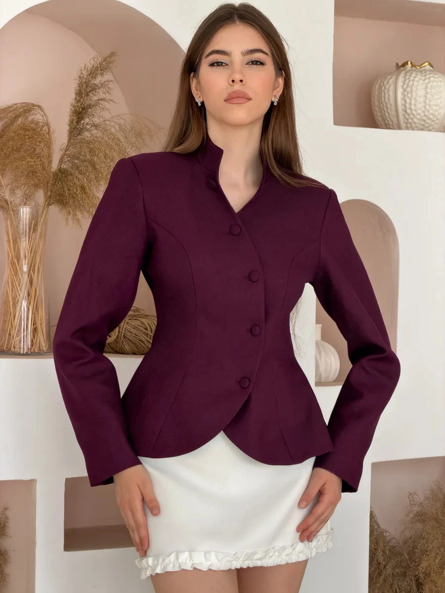 DFDG Women 2026 Spring Summer Chinese Style Blazer Mandarin Stand Collar Diagonal Button Fitted Waist Peplum Hem Office Jacket