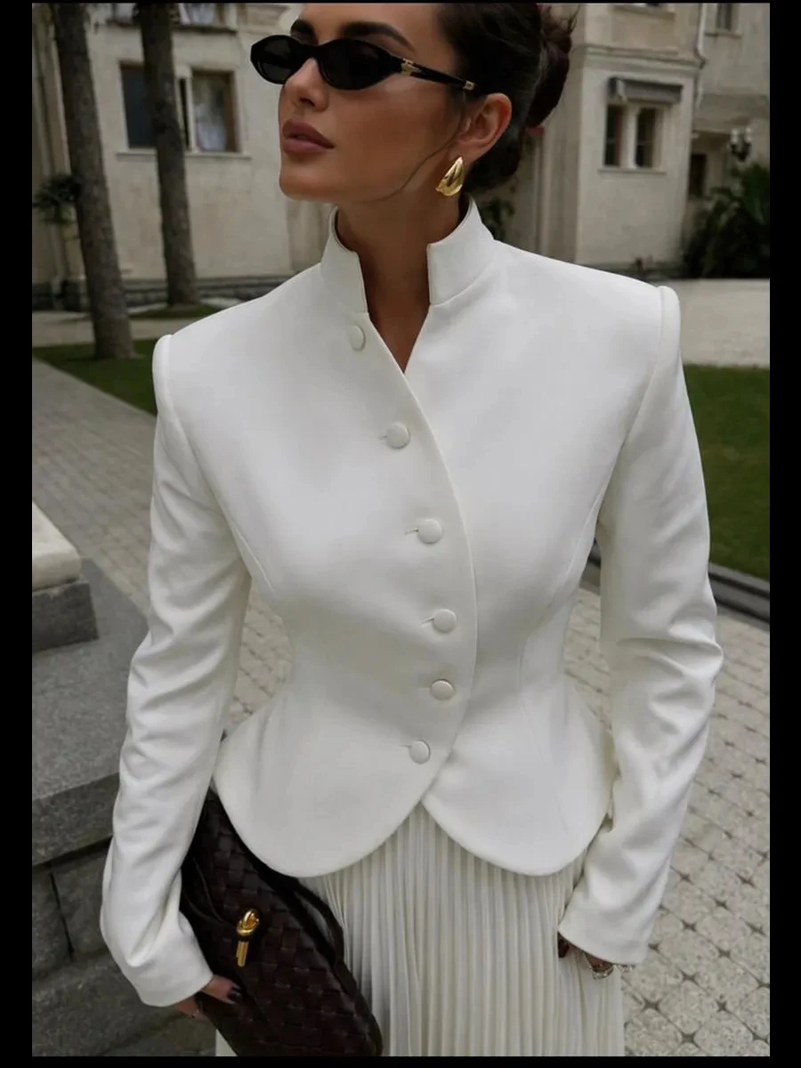 DFDG Women 2026 Spring Summer Chinese Style Blazer Mandarin Stand Collar Diagonal Button Fitted Waist Peplum Hem Office Jacket