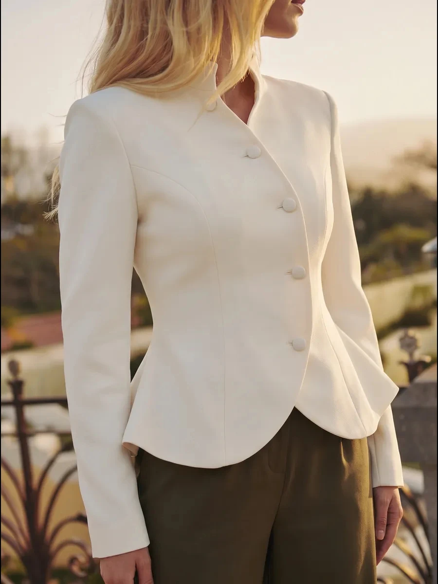 DFDG Women 2026 Spring Summer Chinese Style Blazer Mandarin Stand Collar Diagonal Button Fitted Waist Peplum Hem Office Jacket