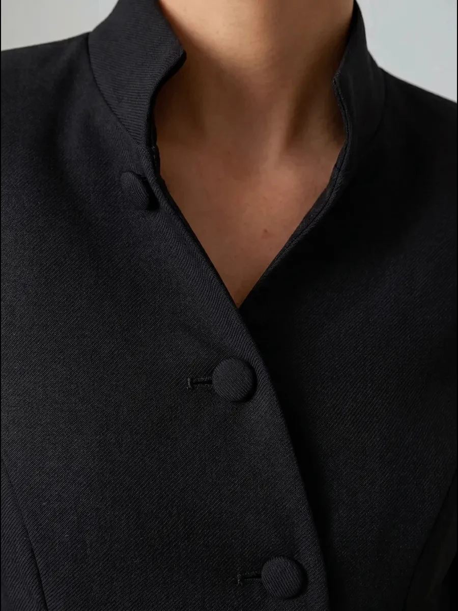 DFDG Women 2026 Spring Summer Chinese Style Blazer Mandarin Stand Collar Diagonal Button Fitted Waist Peplum Hem Office Jacket