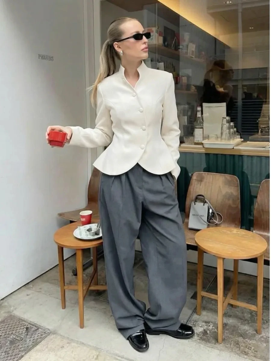 DFDG Women 2026 Spring Summer Chinese Style Blazer Mandarin Stand Collar Diagonal Button Fitted Waist Peplum Hem Office Jacket