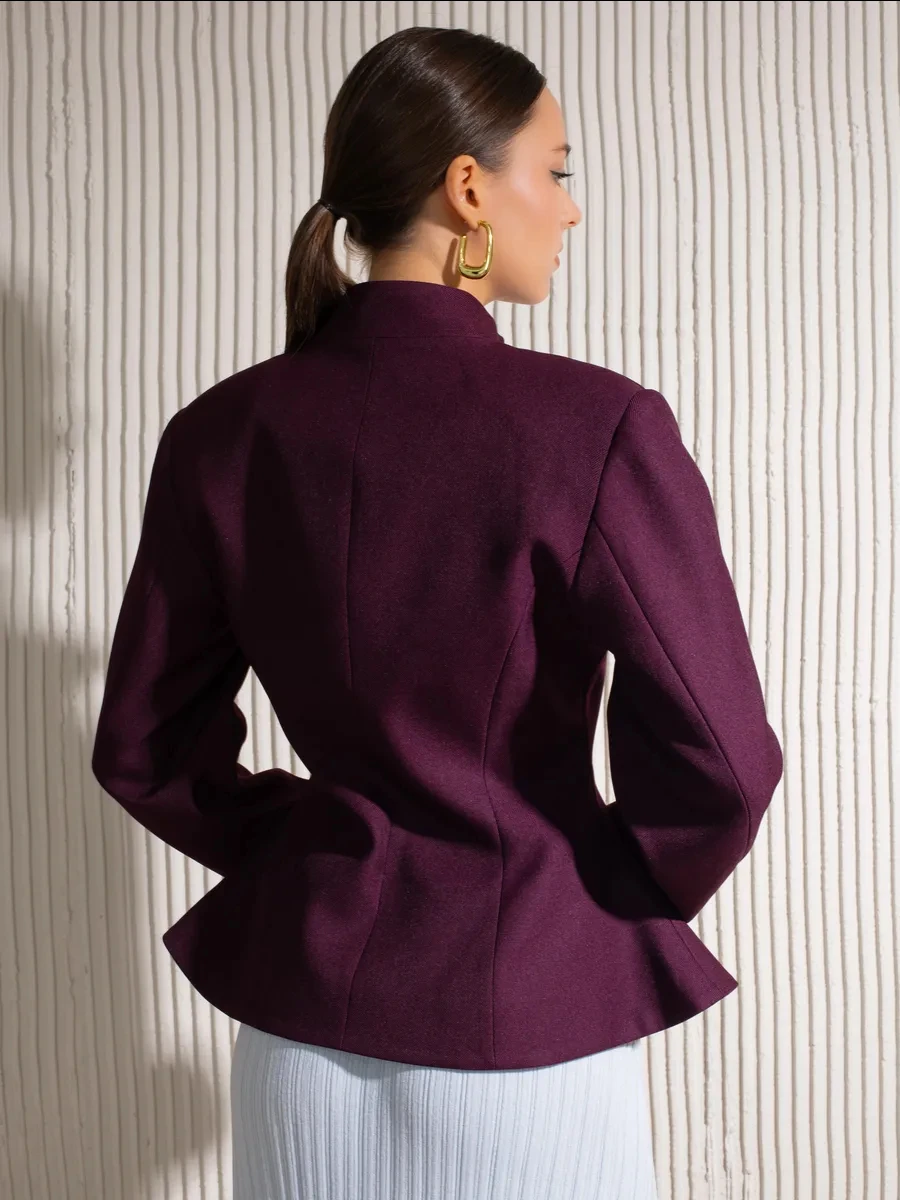 DFDG Women 2026 Spring Summer Chinese Style Blazer Mandarin Stand Collar Diagonal Button Fitted Waist Peplum Hem Office Jacket