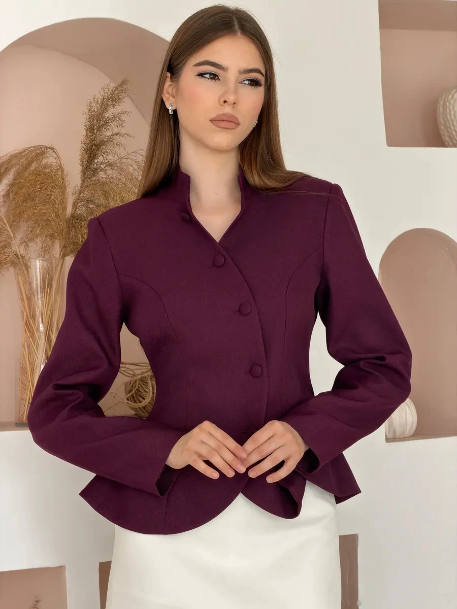 DFDG Women 2026 Spring Summer Chinese Style Blazer Mandarin Stand Collar Diagonal Button Fitted Waist Peplum Hem Office Jacket
