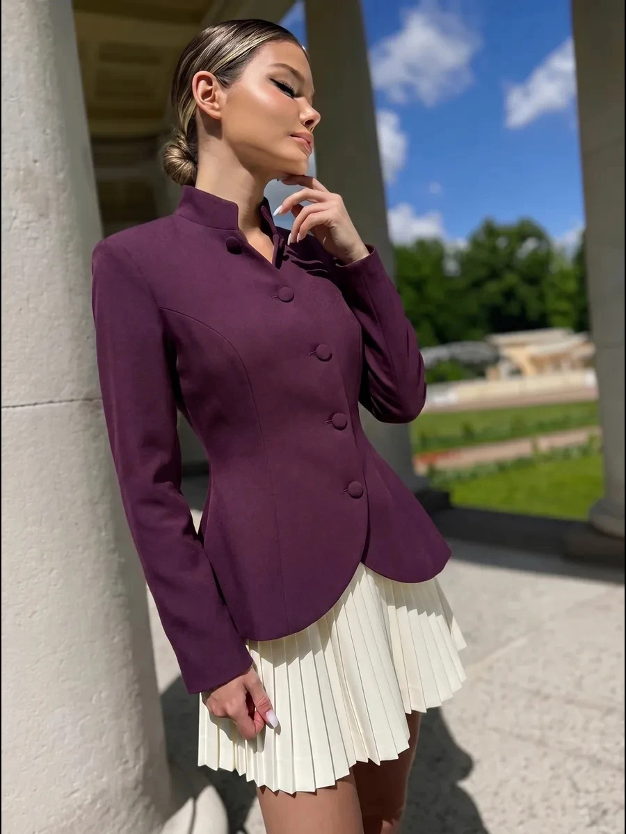 DFDG Women 2026 Spring Summer Chinese Style Blazer Mandarin Stand Collar Diagonal Button Fitted Waist Peplum Hem Office Jacket