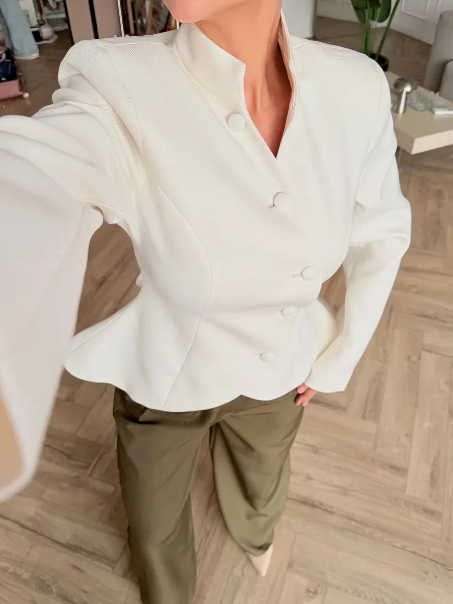 DFDG Women 2026 Spring Summer Chinese Style Blazer Mandarin Stand Collar Diagonal Button Fitted Waist Peplum Hem Office Jacket
