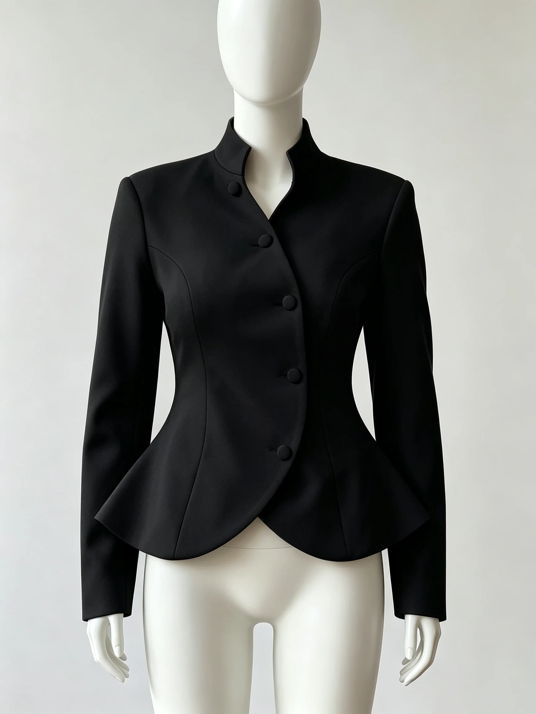 DFDG Women 2026 Spring Summer Chinese Style Blazer Mandarin Stand Collar Diagonal Button Fitted Waist Peplum Hem Office Jacket