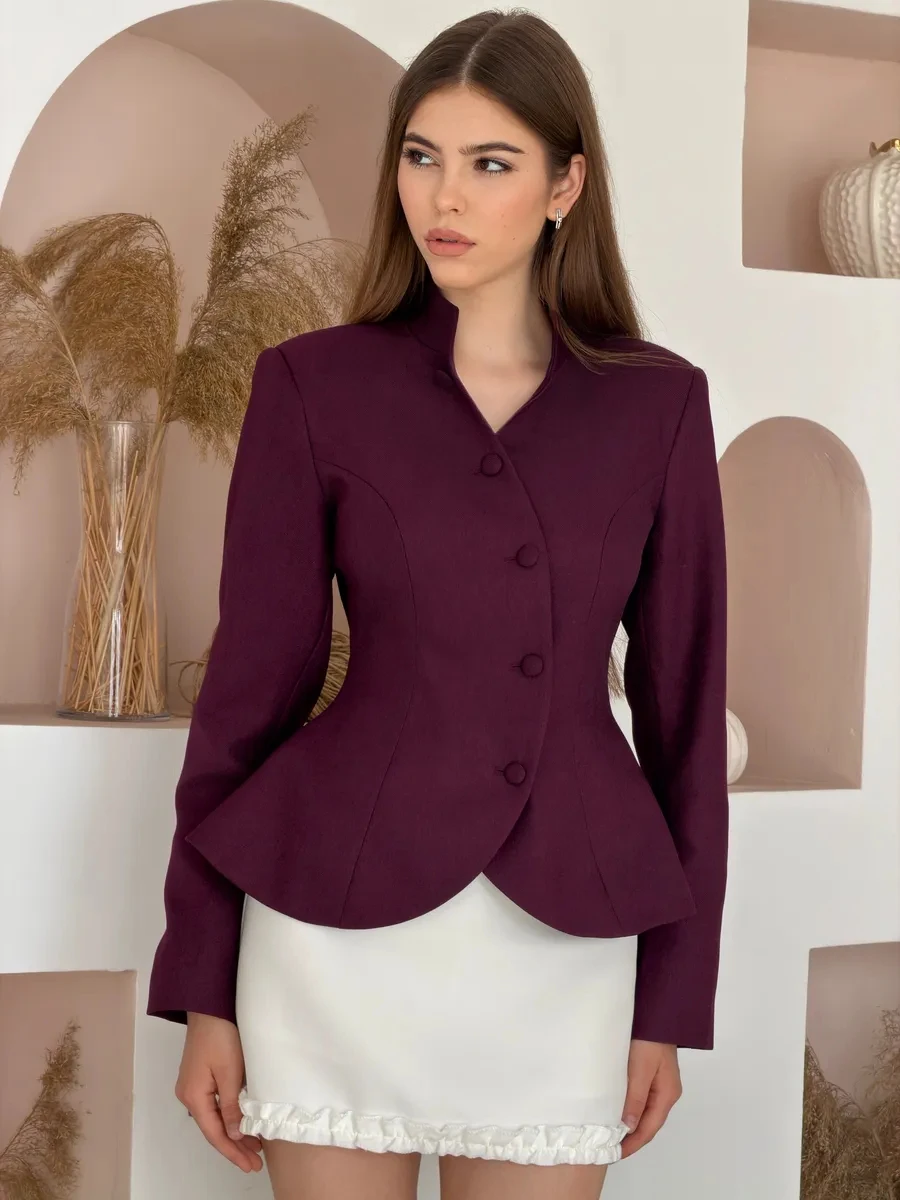 DFDG Women 2026 Spring Summer Chinese Style Blazer Mandarin Stand Collar Diagonal Button Fitted Waist Peplum Hem Office Jacket