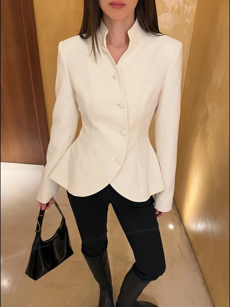 DFDG Women 2026 Spring Summer Chinese Style Blazer Mandarin Stand Collar Diagonal Button Fitted Waist Peplum Hem Office Jacket