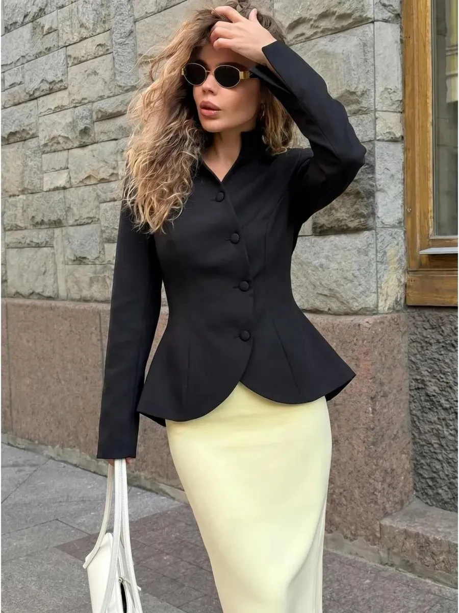 DFDG Women 2026 Spring Summer Chinese Style Blazer Mandarin Stand Collar Diagonal Button Fitted Waist Peplum Hem Office Jacket