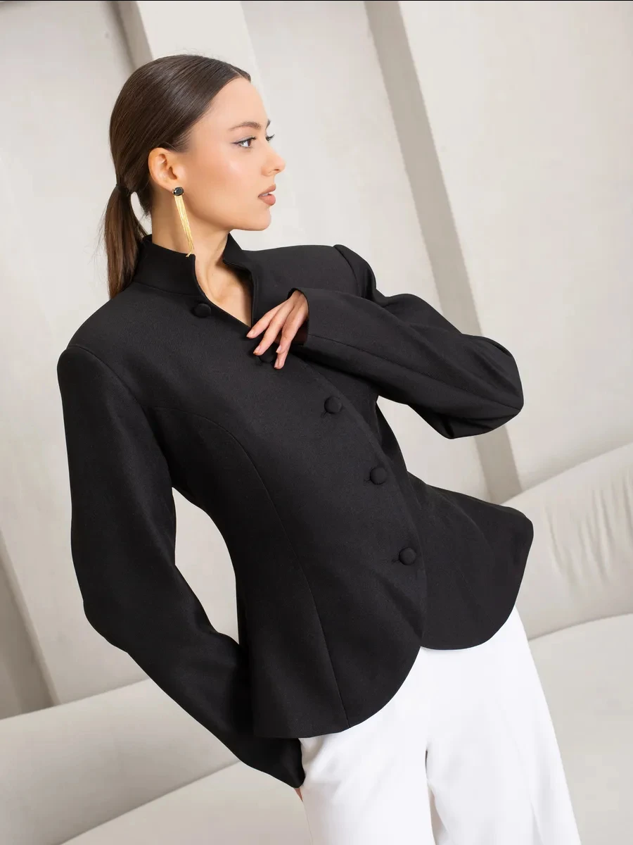 DFDG Women 2026 Spring Summer Chinese Style Blazer Mandarin Stand Collar Diagonal Button Fitted Waist Peplum Hem Office Jacket
