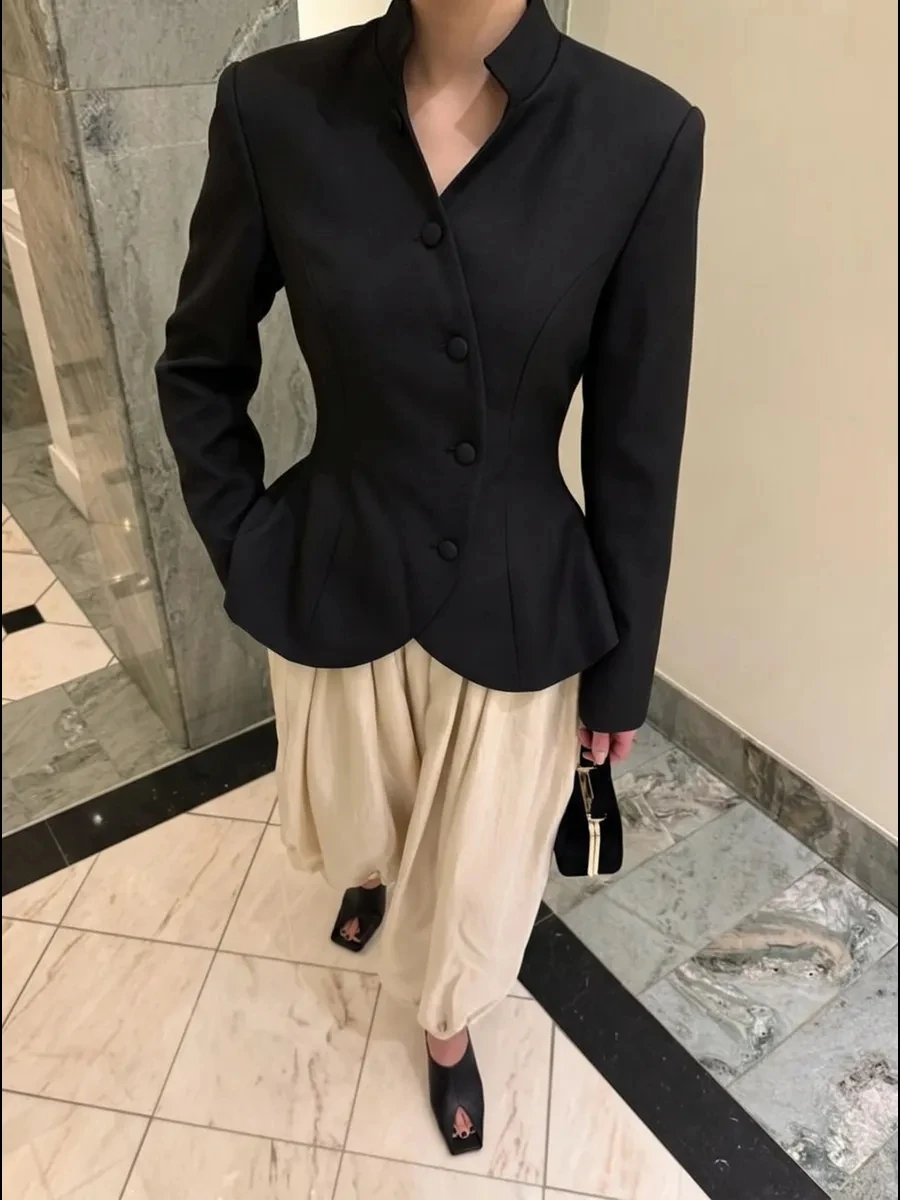 DFDG Women 2026 Spring Summer Chinese Style Blazer Mandarin Stand Collar Diagonal Button Fitted Waist Peplum Hem Office Jacket