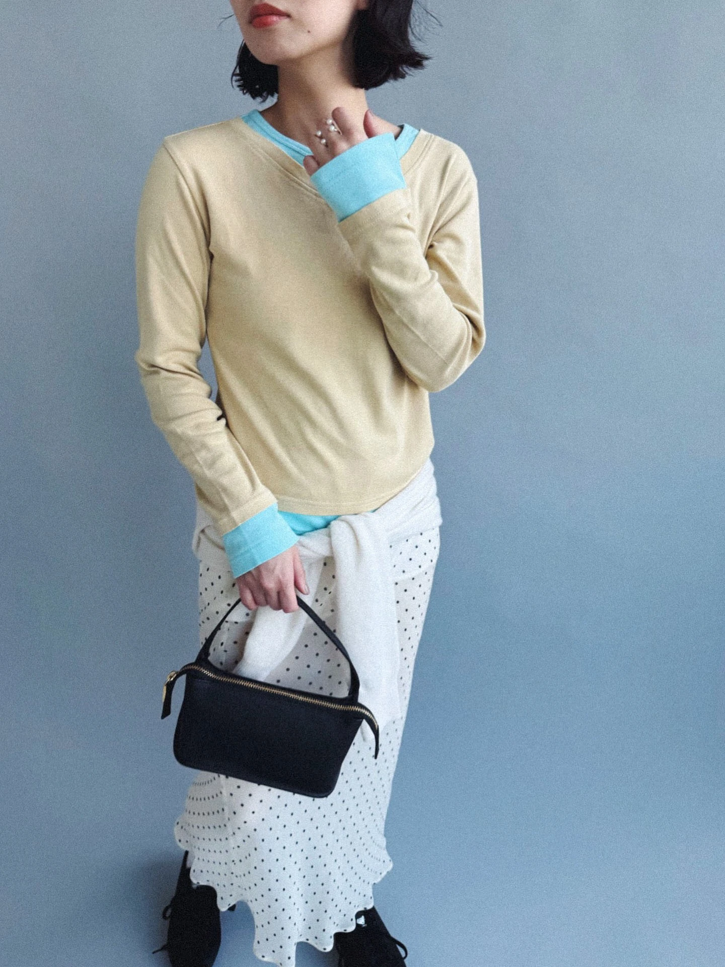 Gias Color-Blocked Faux Two-Piece Long-Sleeve T-Shirt, Regular Shoulder Slim-Fit Top, Layered Slim-Fit Base Shirt, Short T-Shirt Slim-Fit Slimming Inner Layer Base Shirt