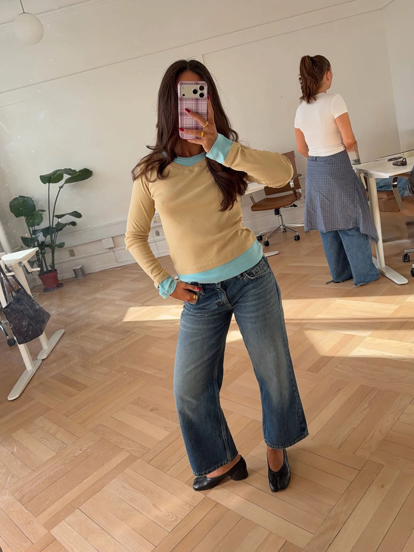 Gias Color-Blocked Faux Two-Piece Long-Sleeve T-Shirt, Regular Shoulder Slim-Fit Top, Layered Slim-Fit Base Shirt, Short T-Shirt Slim-Fit Slimming Inner Layer Base Shirt