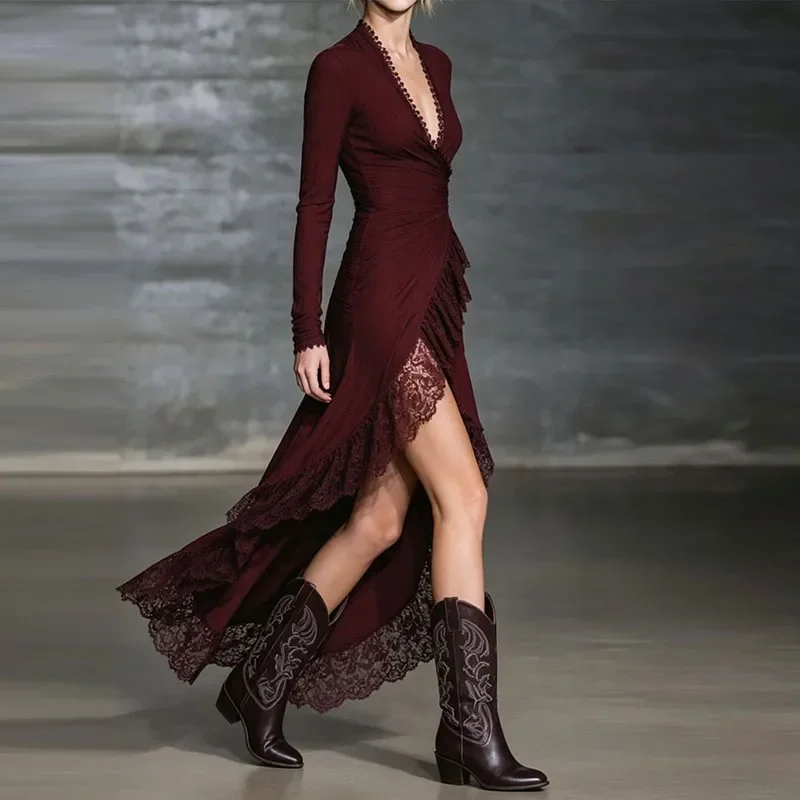 Women Deep V Neck Wrap Maxi Dresses Lace Trim Long Sleeve Ruched Asymmetric High Low Slit Hem Dress Autumn Bodycon Prom Sundress