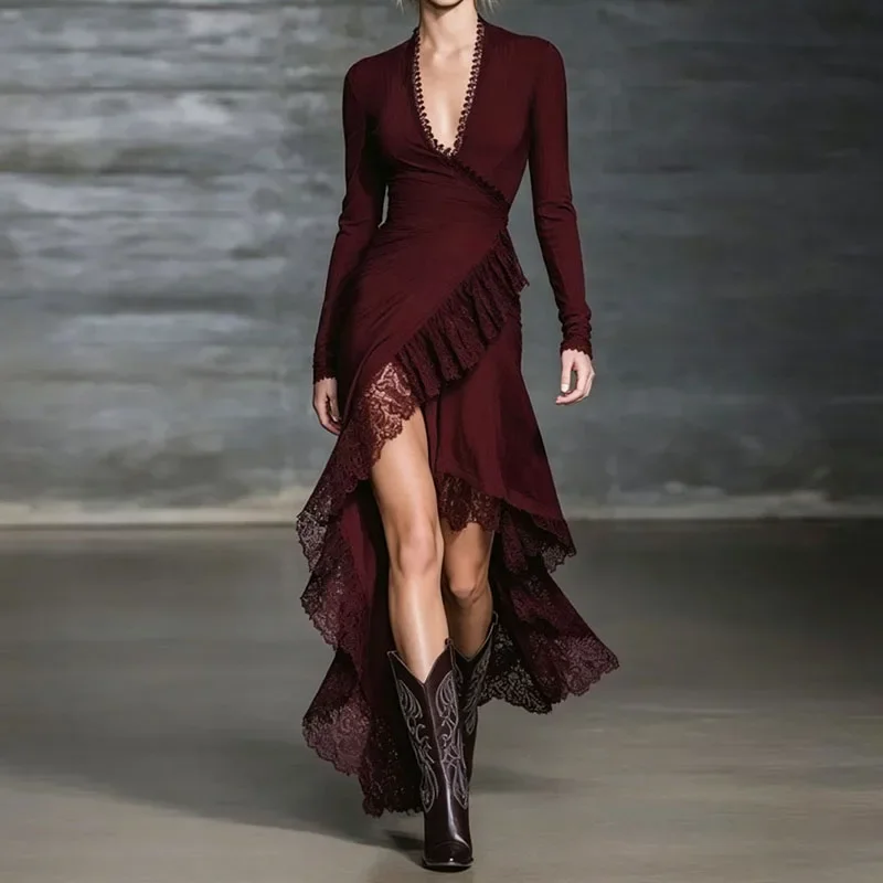 Women Deep V Neck Wrap Maxi Dresses Lace Trim Long Sleeve Ruched Asymmetric High Low Slit Hem Dress Autumn Bodycon Prom Sundress