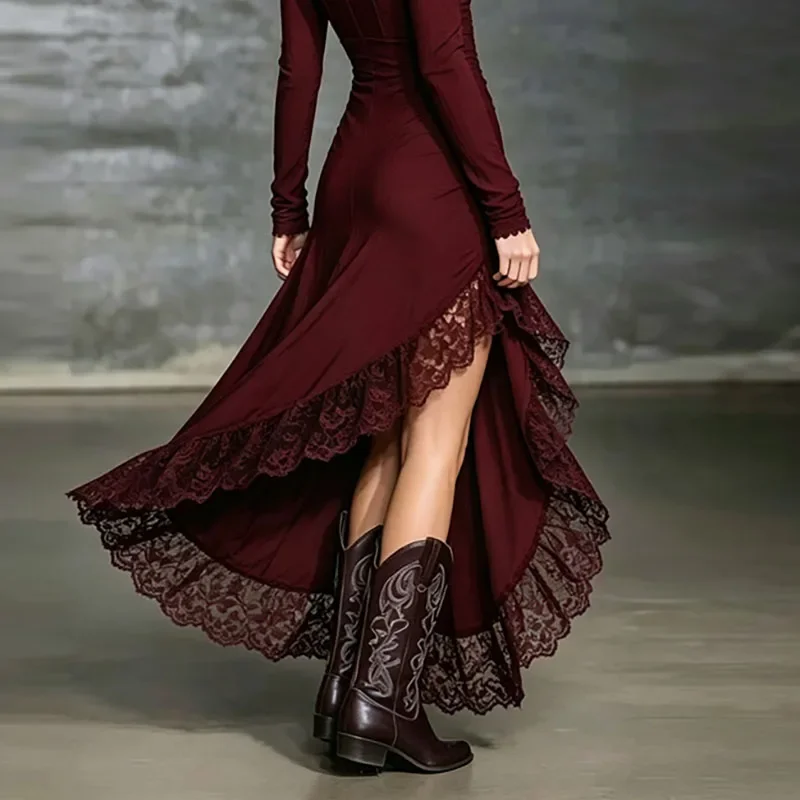 Women Deep V Neck Wrap Maxi Dresses Lace Trim Long Sleeve Ruched Asymmetric High Low Slit Hem Dress Autumn Bodycon Prom Sundress