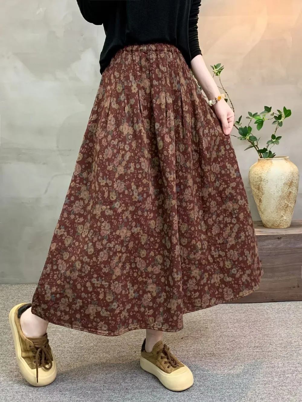 New 2026 Autumn Women Cotton Skirt, Elastic Waist Floral Print, Mori Girl Korean Temperament Casual Loose A-line Skirt B68826CC